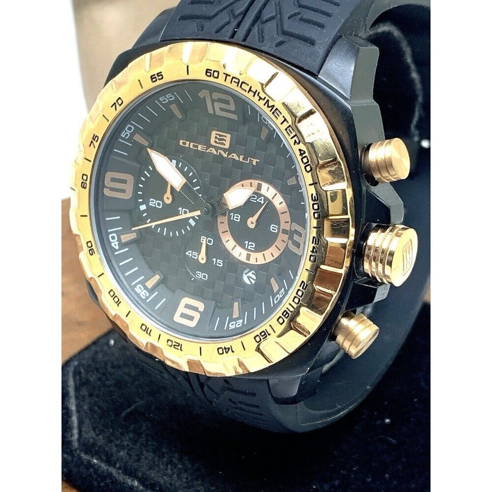 Oceanaut Men's Watch OC1121 Quartz Chronograph Gold Black Dial Rubber Band 47mm